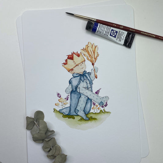 Illustration of a child in a blue outfit with a crown, holding feathers, on a white background with a paintbrush and tube of paint.