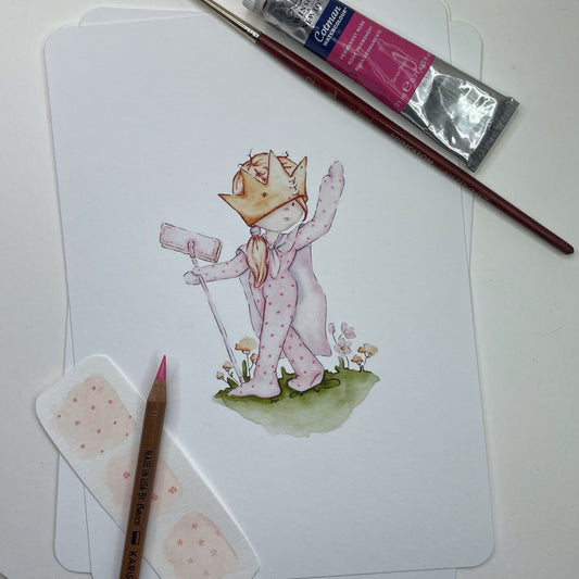 Illustration of a character in a crown and pink outfit on paper with art supplies.